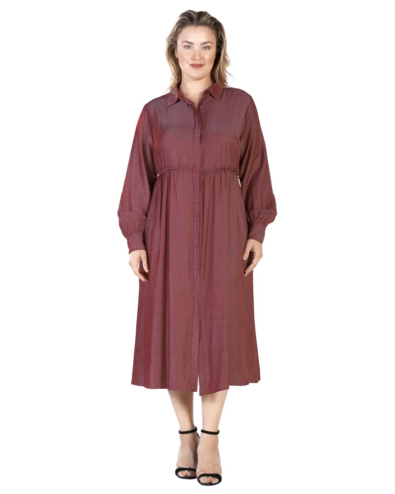 Front of a model wearing a size L Lyla Button Front Maxi Dress in Merlot by Standards & Practices. | dia_product_style_image_id:275940